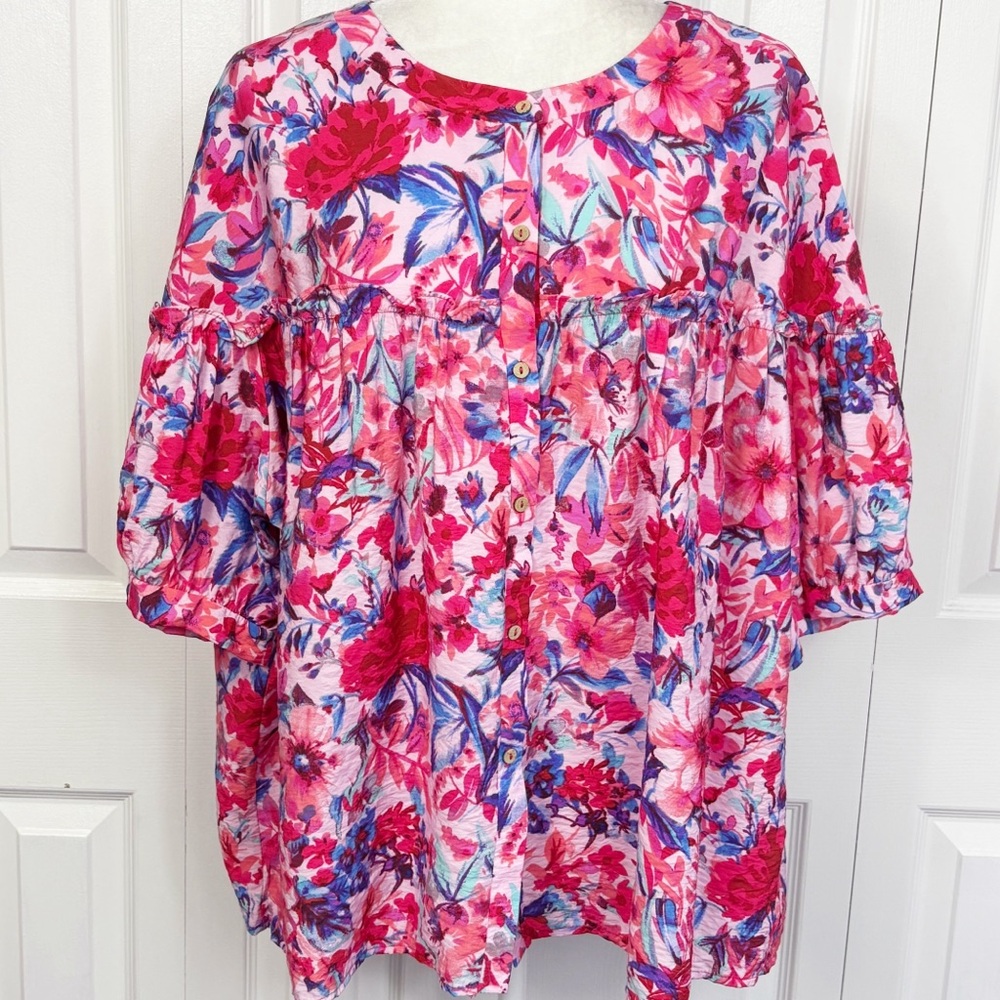 NWT Like Love Pink Flirty Floral Print Ruffle Short Sleeve Blouse 1X
